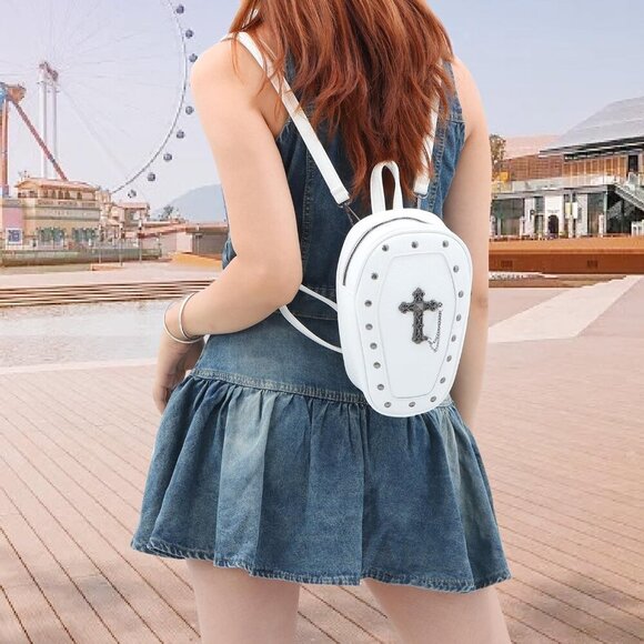 Gothic Coffin Backpack Purse Womens Mini Halloween Shoulder Bag Crossbody - Picture 6 of 7